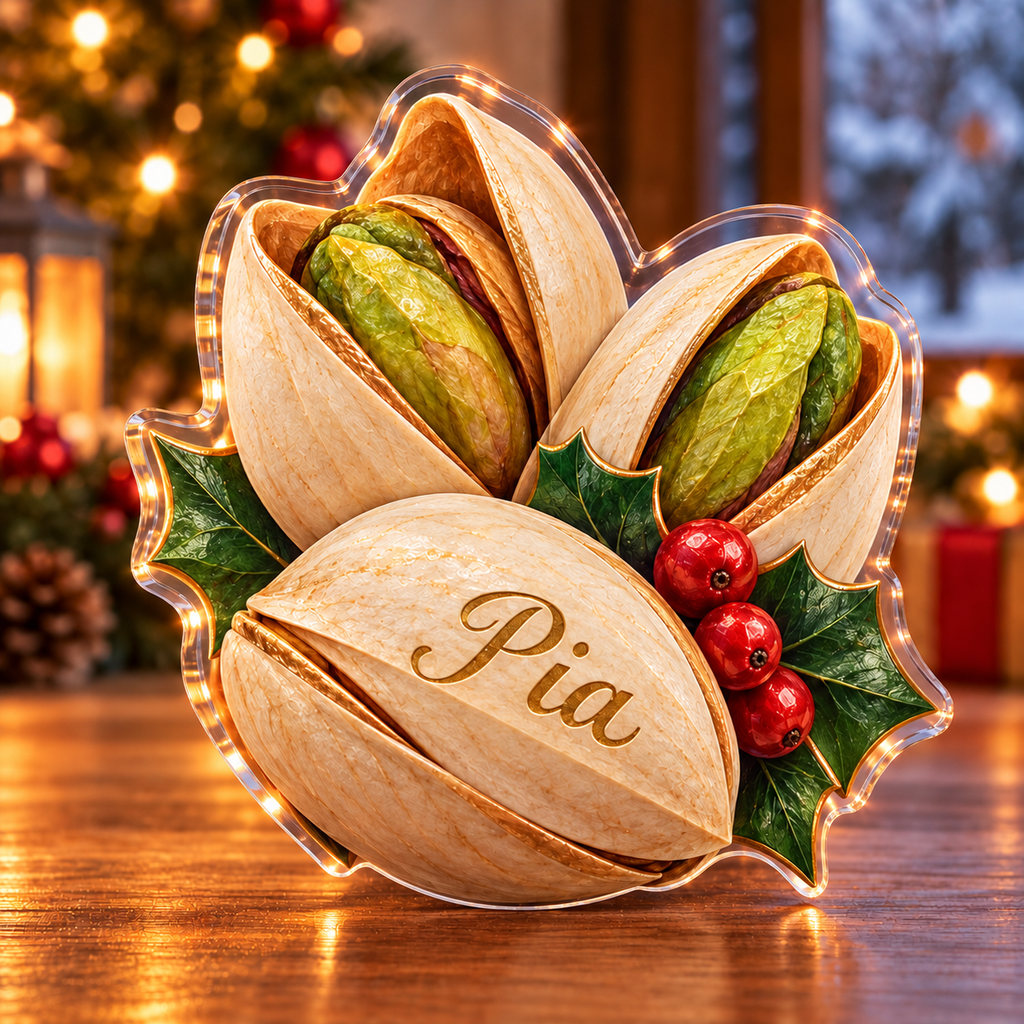 Front-view digital preview of a Christmas pistachio little joy acrylic plaque with example name Pia integrated into the front ivory pistachio shell name engraving