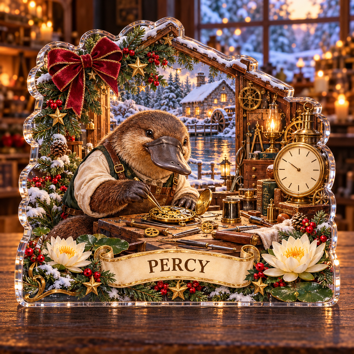 Front-view digital preview of a personalized Christmas platypus clockmaker acrylic plaque with example name PERCY