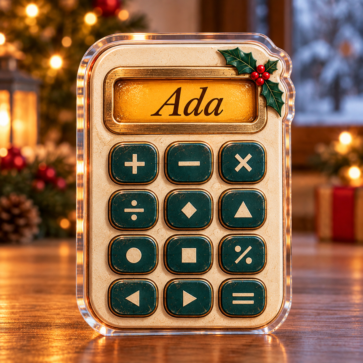 Front-view digital preview of a Christmas pocket calculator acrylic plaque with example name Ada integrated into the calculator upper display name panel