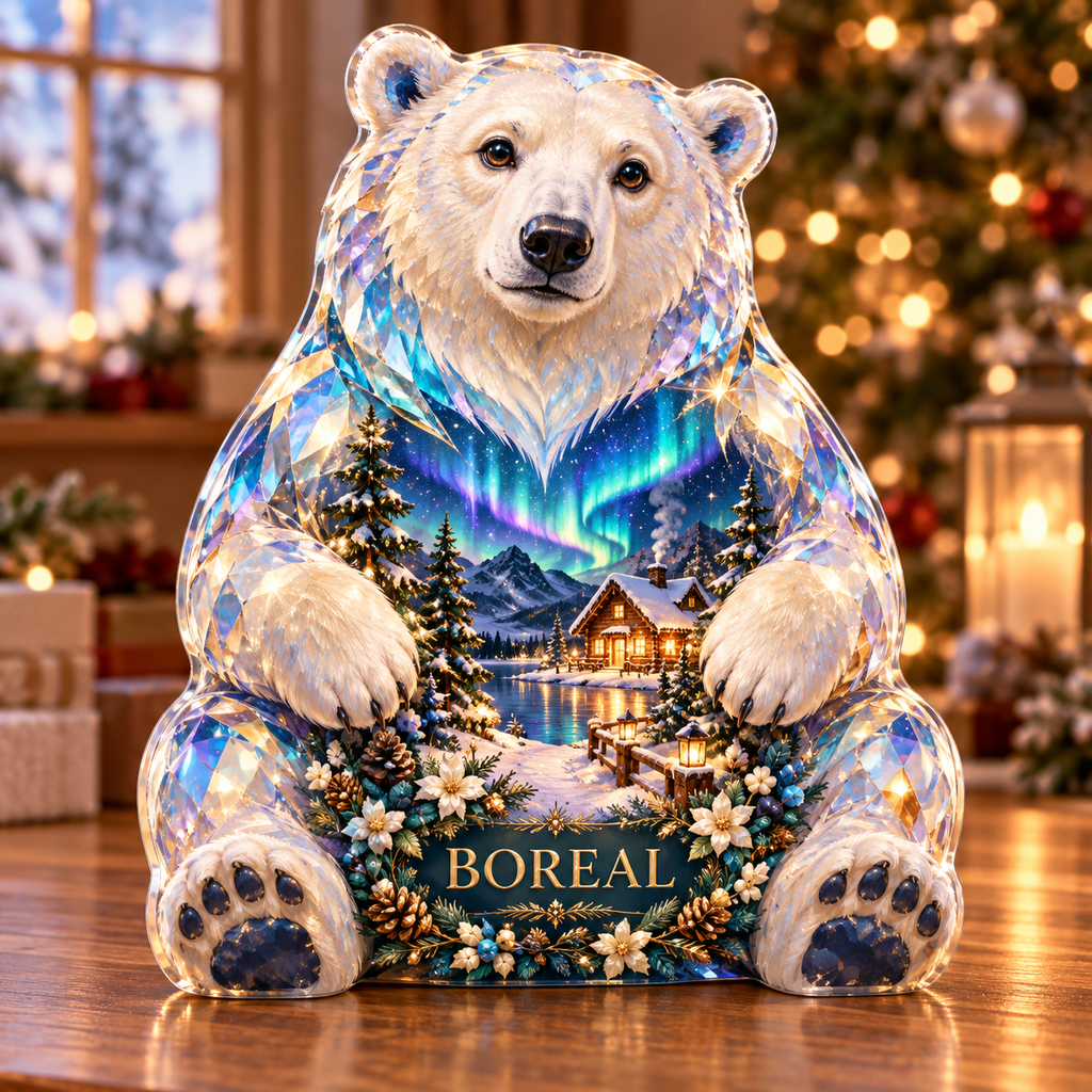 Front-view digital preview of a Christmas polar bear opal aurora acrylic plaque with example name Boreal integrated into the lower intrinsic polar bear botanical detail