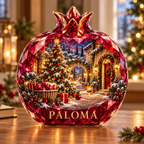 Front-view digital preview of a Christmas ruby pomegranate acrylic plaque with example name PALOMA integrated into the lowest fruit skin facets