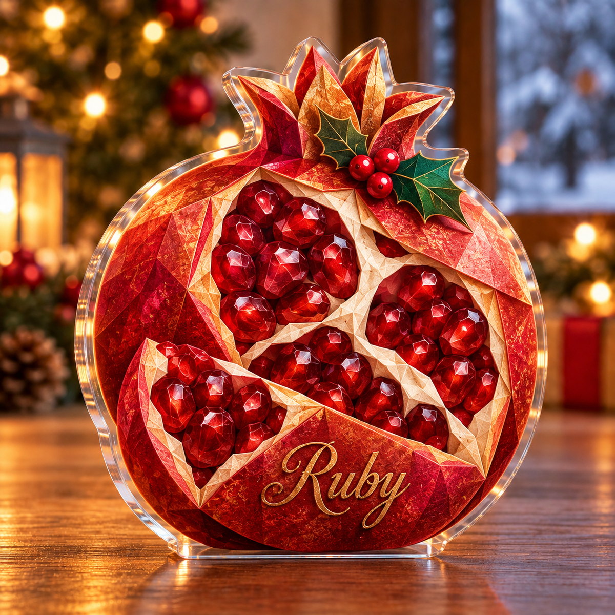 Front-view digital preview of a Christmas pomegranate ruby jewel acrylic plaque with example name Ruby integrated into the front pomegranate rind name engraving