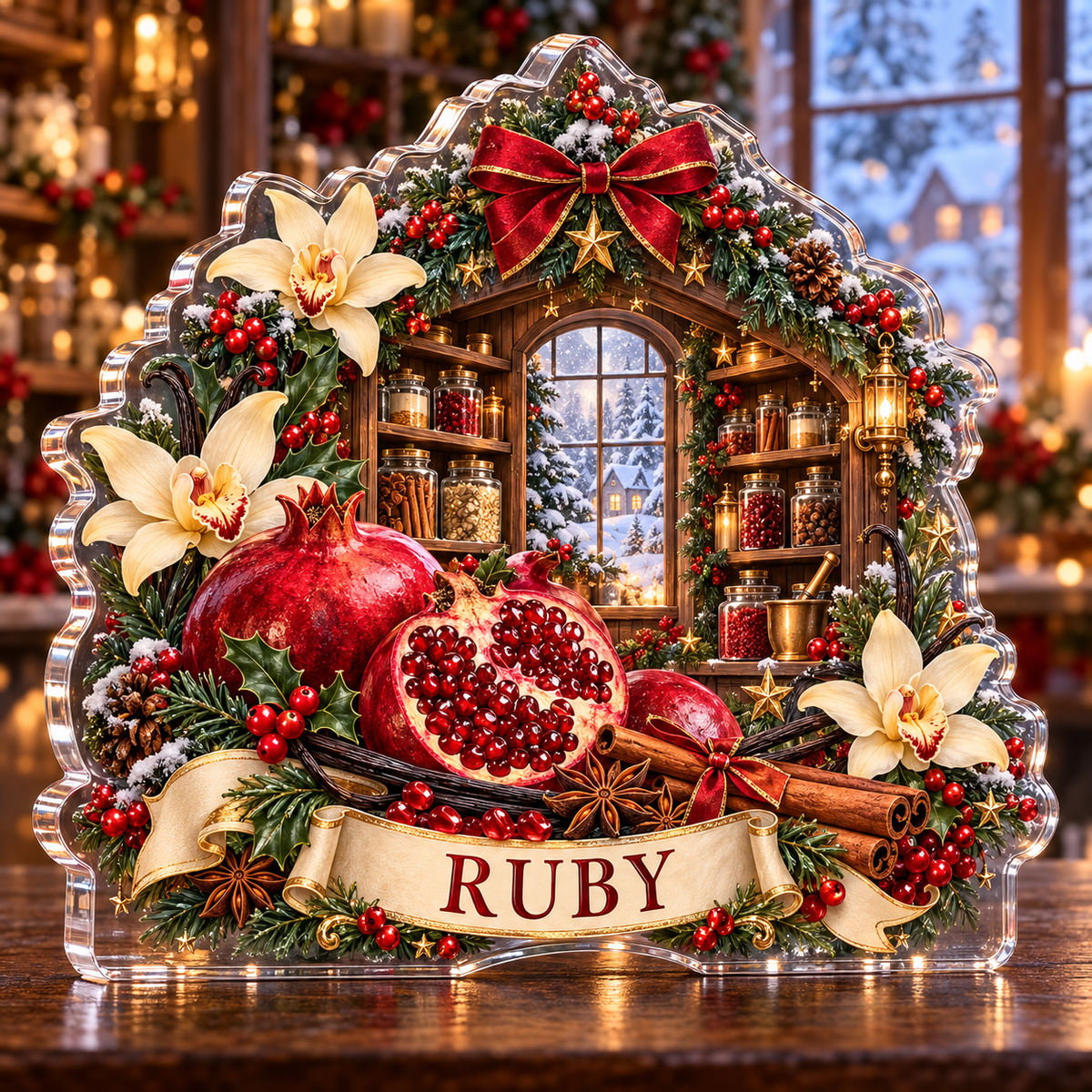 Front-view digital preview of a personalized Christmas pomegranate spice pantry acrylic plaque with example name RUBY
