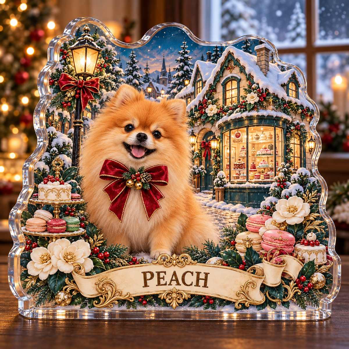 Front-view digital preview of a personalized Christmas pomeranian patisserie acrylic plaque with example name PEACH