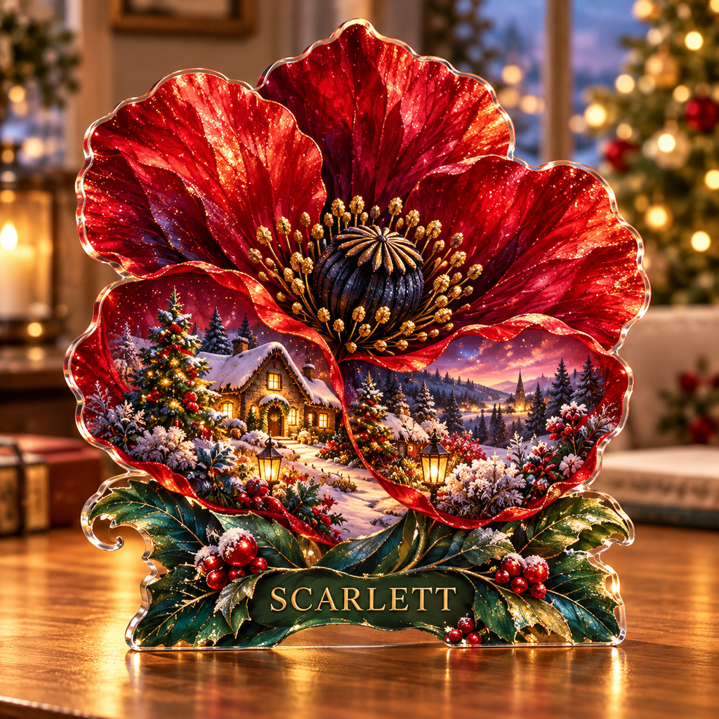 Front-view digital preview of a Christmas poppy ruby meadowhouse acrylic plaque with example name Scarlett integrated into the lower intrinsic poppy leaf detail