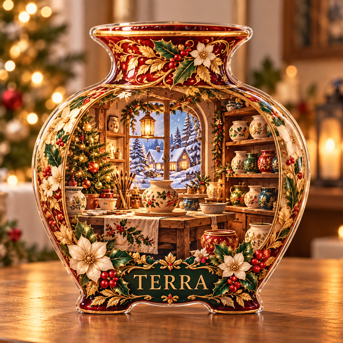 Front-view digital preview of a Christmas pottery vase amber studio acrylic plaque with example name Terra integrated into the lower vase botanical detail