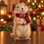 Front-view digital preview of a Christmas prairie dog acrylic plaque with example name PIP integrated into the scarf embroidered-look name panel