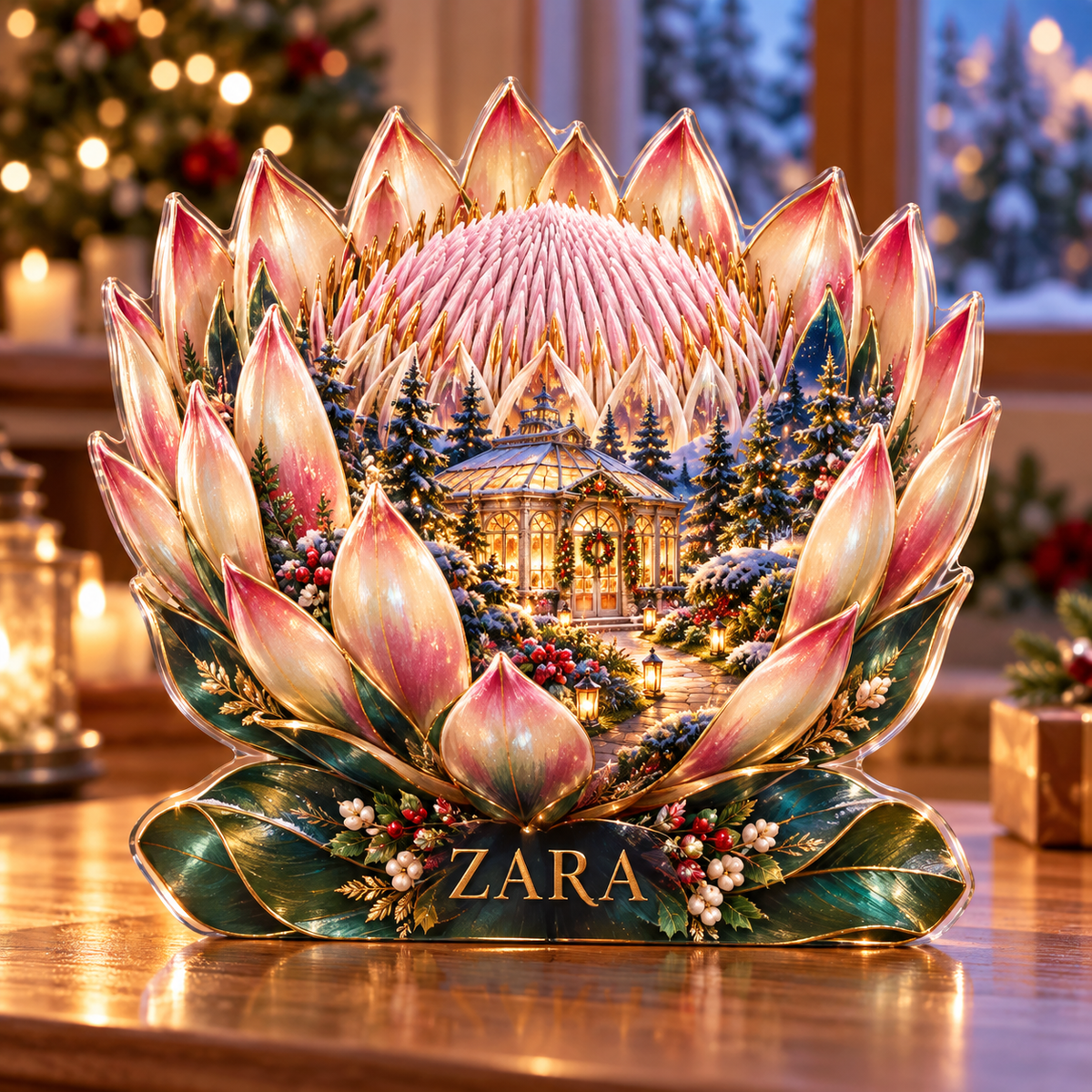 Front-view digital preview of a Christmas protea opal wintergarden acrylic plaque with example name Zara integrated into the lower intrinsic protea leaf detail