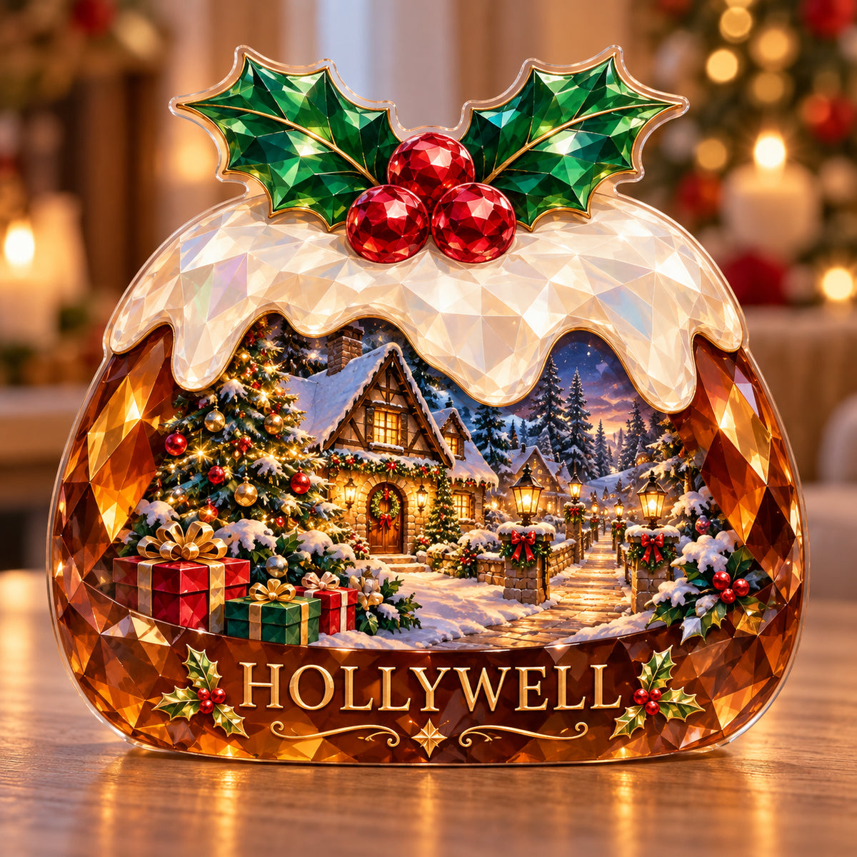 Front-view digital preview of a Christmas amber christmas pudding acrylic plaque with example name HOLLYWELL integrated into the lowest intrinsic pudding facets