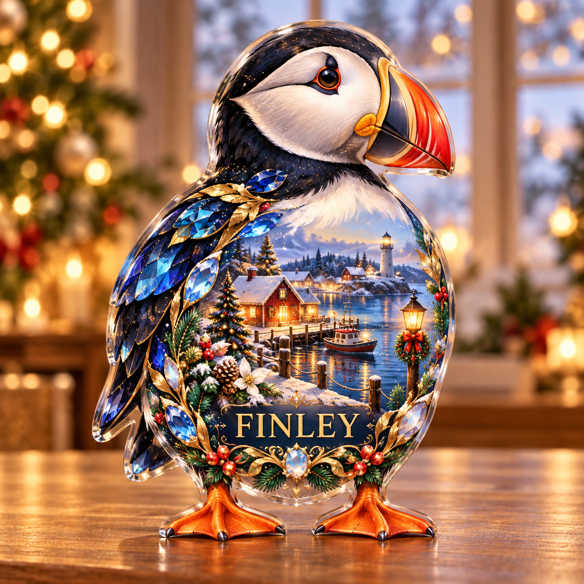 Front-view digital preview of a Christmas puffin opal harbor acrylic plaque with example name Finley integrated into the lower intrinsic puffin botanical detail