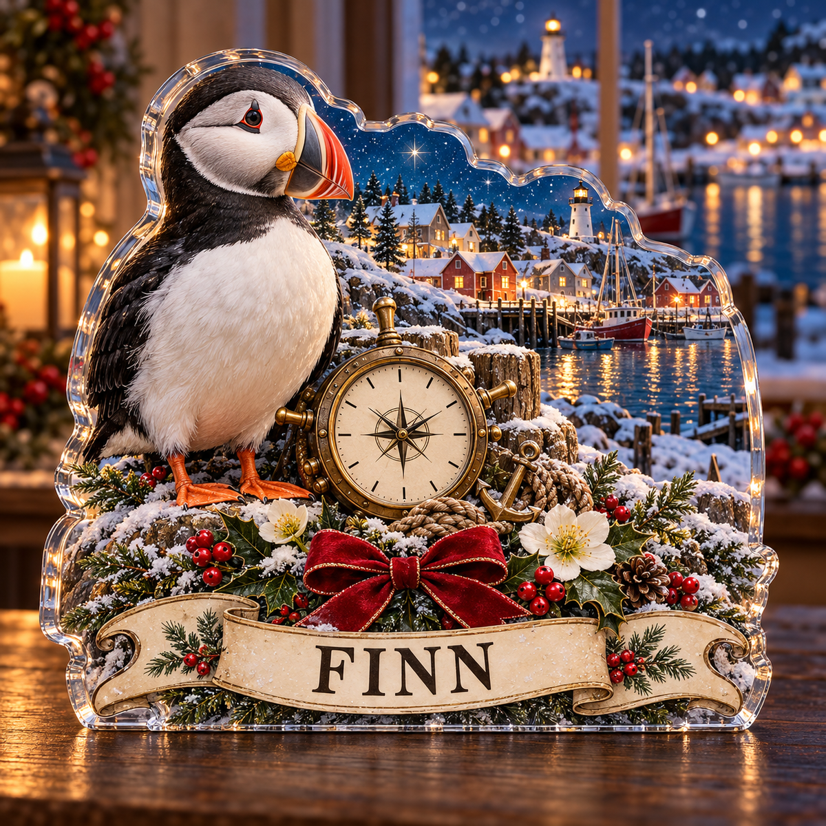 Front-view digital preview of a personalized Christmas puffin nautical harbor acrylic plaque with example name FINN