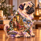 Front-view digital preview of a Christmas pug amethyst cozyporch acrylic plaque with example name PUDDING integrated into the lower haunch fur facets