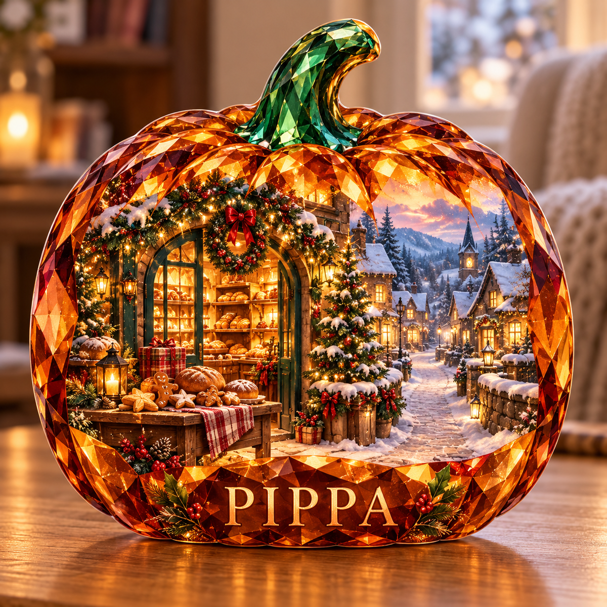 Front-view digital preview of a Christmas amber pumpkin acrylic plaque with example name PIPPA integrated into the lowest pumpkin skin facets
