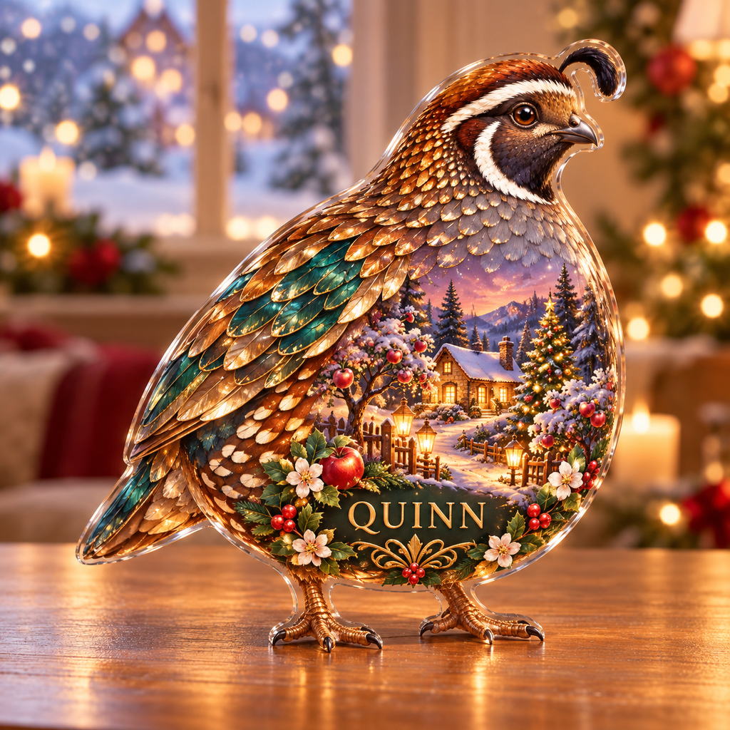Front-view digital preview of a Christmas quail amber orchard acrylic plaque with example name Quinn integrated into the lower intrinsic quail botanical detail