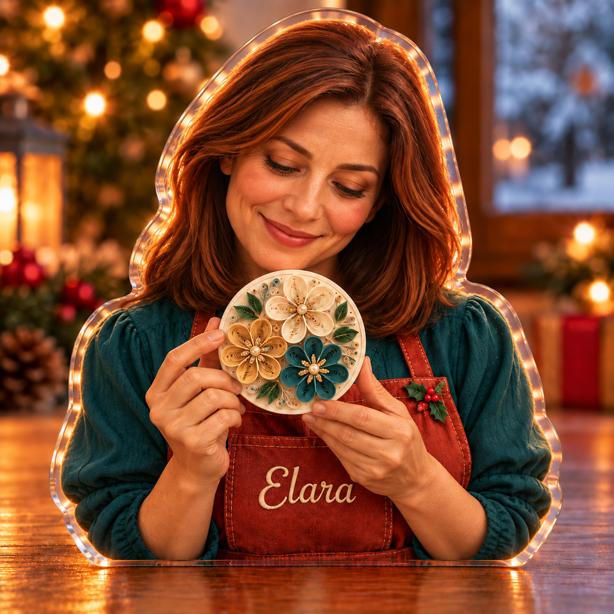Front-view digital preview of a Christmas quilling paper bloom acrylic plaque with example name Elara integrated into the the illustrated front apron name stitching