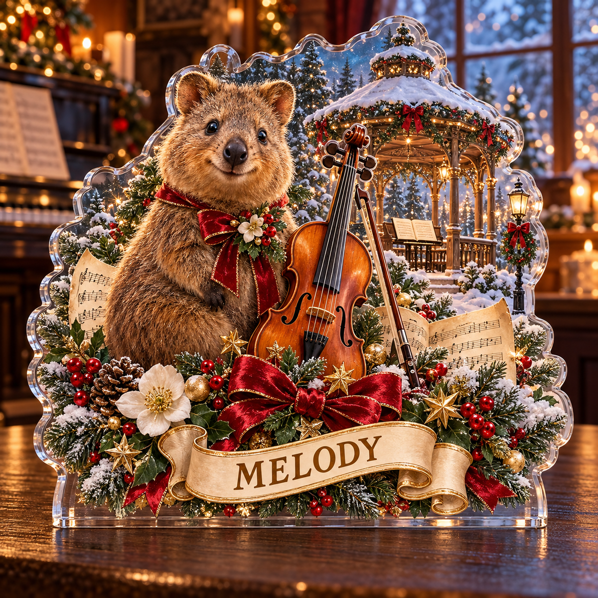 Front-view digital preview of a personalized Christmas quokka violin and snowy music pavilion acrylic plaque with example name MELODY