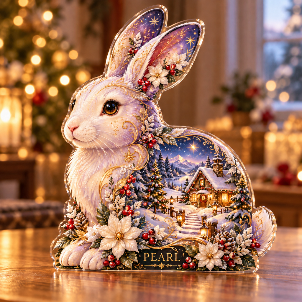 Front-view digital preview of a Christmas rabbit opal cottage acrylic plaque with example name Pearl integrated into the lower rabbit floral detail