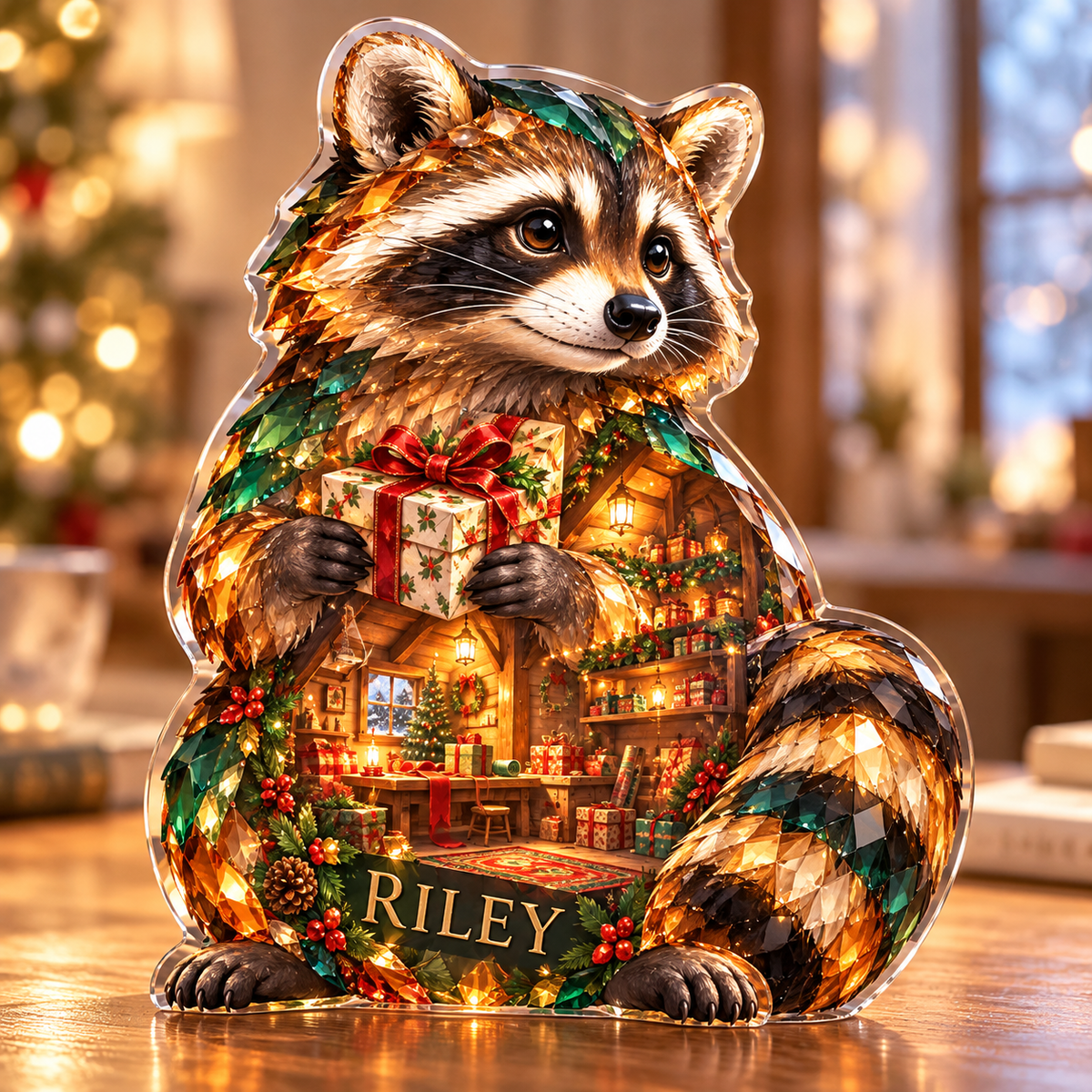 Front-view digital preview of a Christmas raccoon emerald giftloft acrylic plaque with example name RILEY integrated into the lower haunch facets