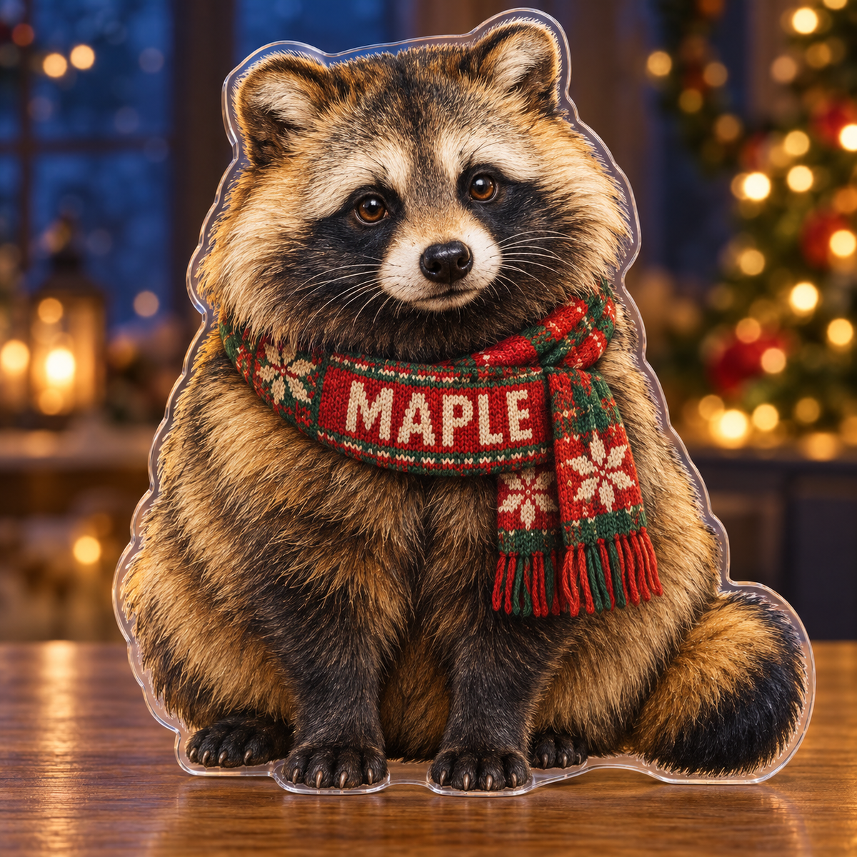 Front-view digital preview of a Christmas raccoon dog acrylic plaque with example name MAPLE integrated into the festive scarf front