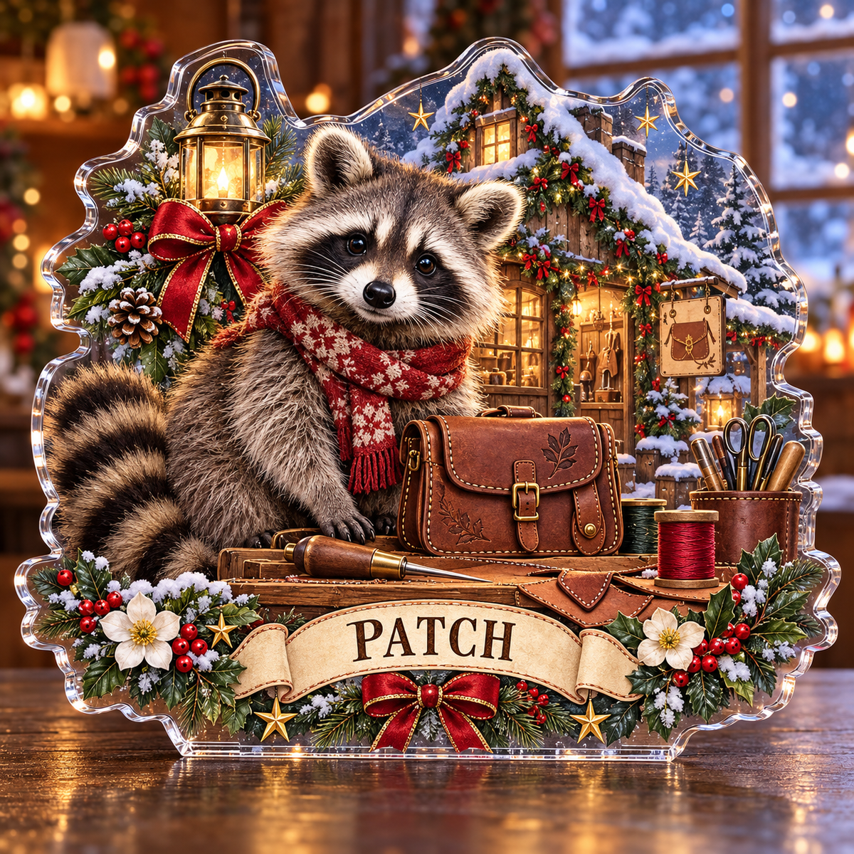 Front-view digital preview of a personalized Christmas raccoon leathercraft workshop acrylic plaque with example name PATCH