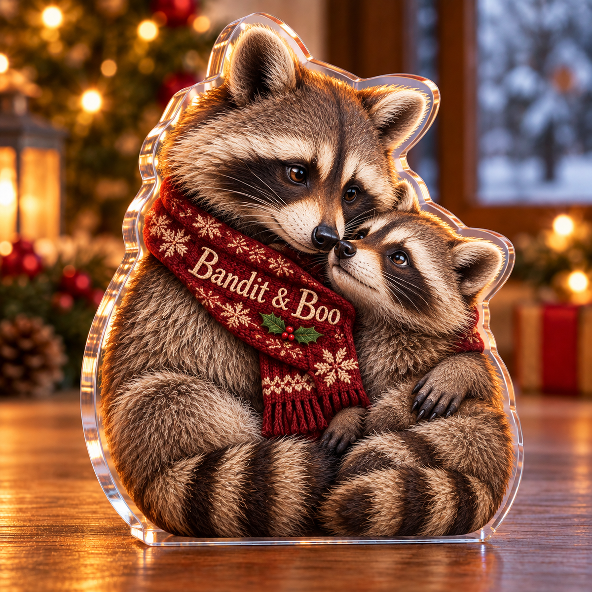 Front-view digital preview of a Christmas raccoon mother kit acrylic plaque with example name Bandit & Boo integrated into the front scarf fold name embroidery