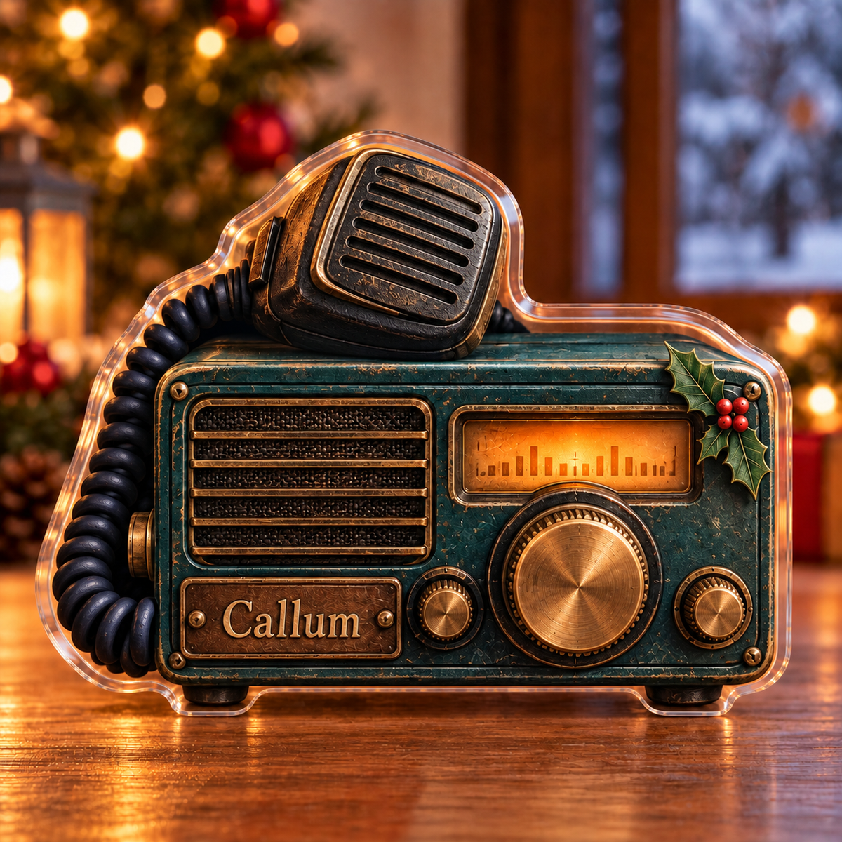 Front-view digital preview of a Christmas radio operator signal acrylic plaque with example name Callum integrated into the radio front case name panel