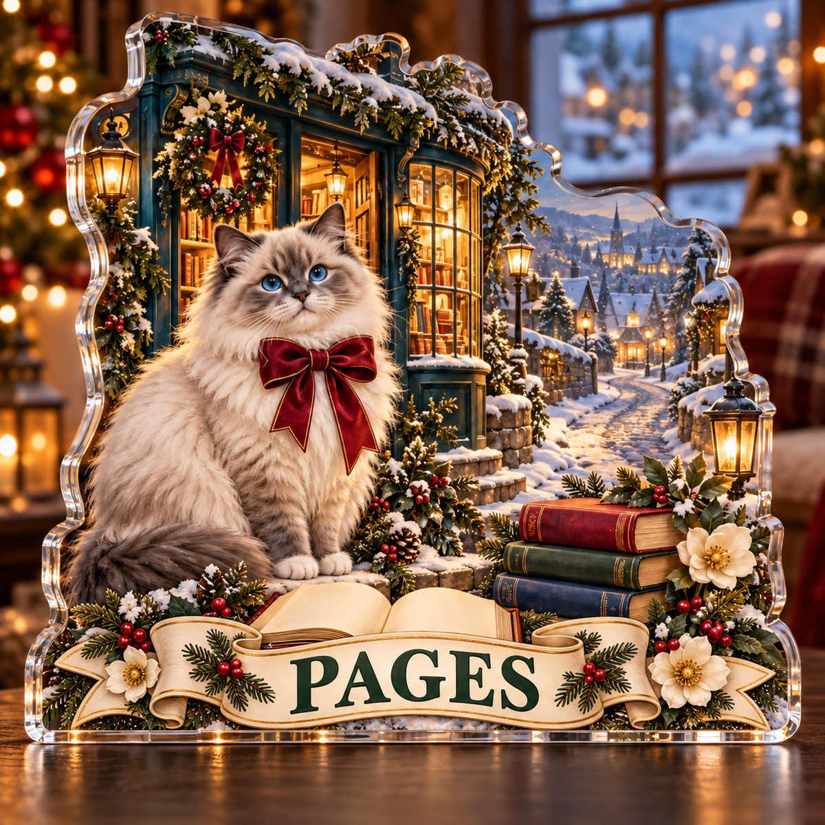 Front-view digital preview of a personalized Christmas ragdoll cat bookshop acrylic plaque with example name PAGES
