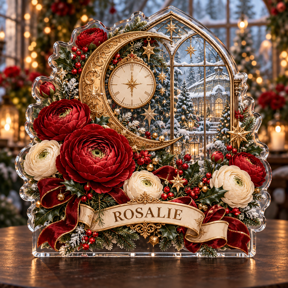 Front-view digital preview of a personalized Christmas ranunculus crescent clock acrylic plaque with example name ROSALIE