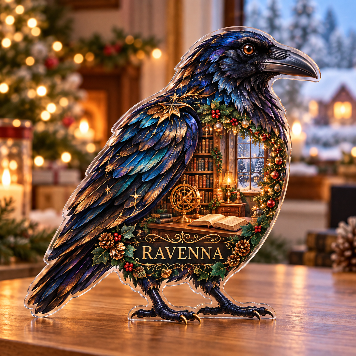 Front-view digital preview of a Christmas raven sapphire archive acrylic plaque with example name Ravenna integrated into the lower intrinsic raven botanical detail