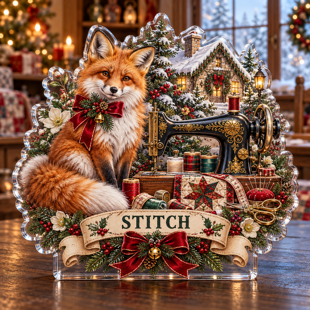 Front-view digital preview of a personalized Christmas red fox sewing cottage acrylic plaque with example name STITCH