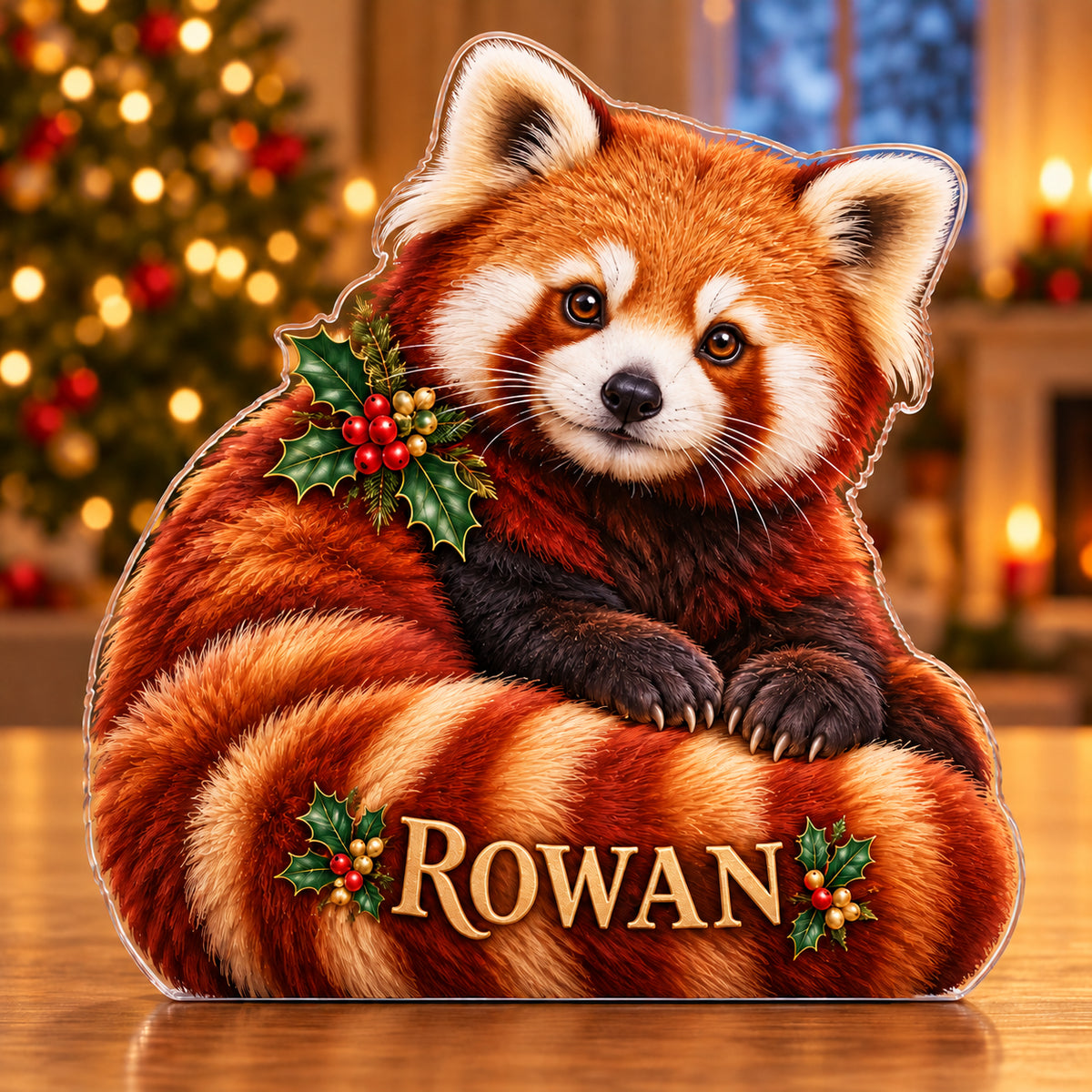 Front-view digital preview of a Christmas ruby red panda acrylic plaque with example name ROWAN integrated into the lowest intrinsic curled tail facets