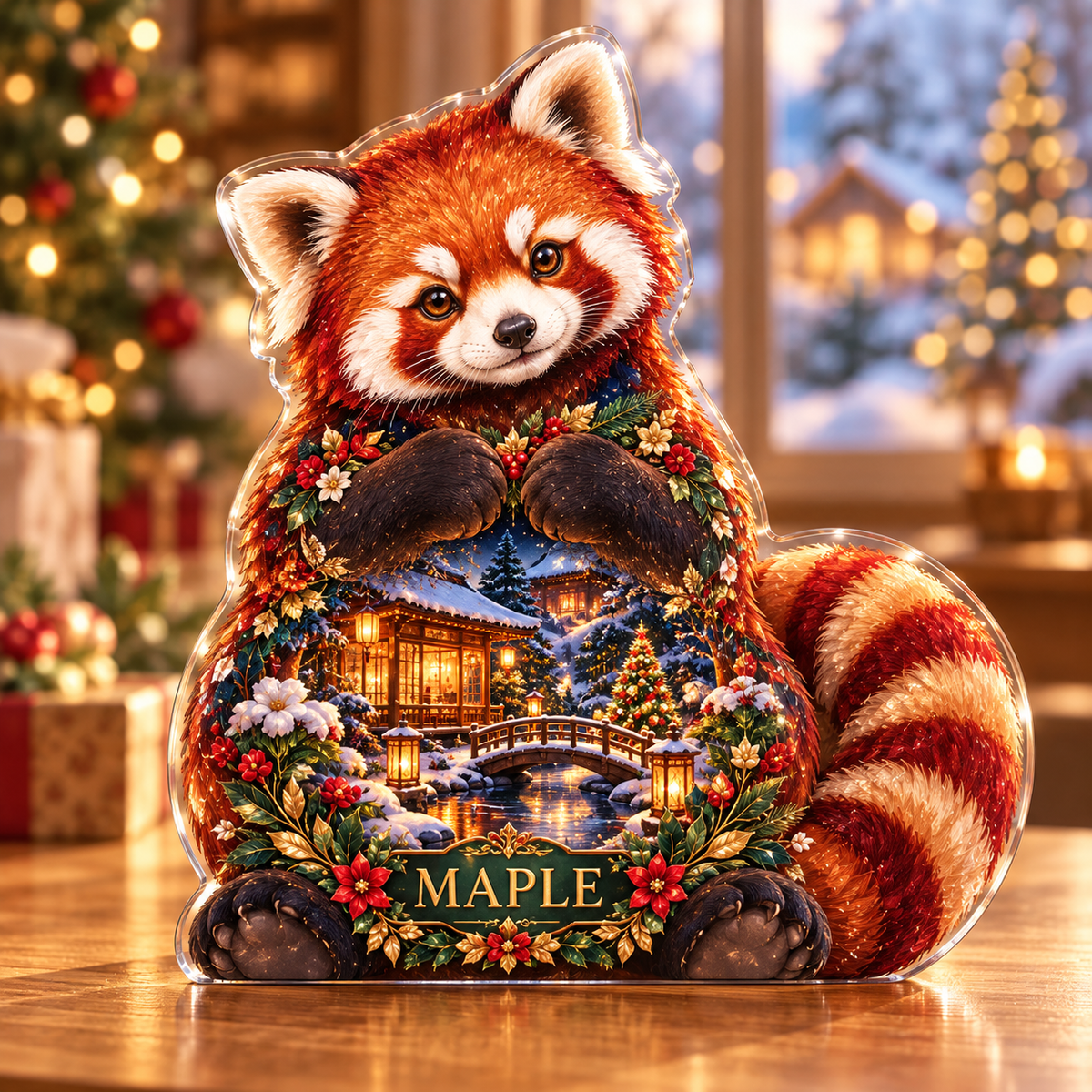 Front-view digital preview of a Christmas red panda ruby teahouse acrylic plaque with example name Maple integrated into the lower intrinsic red panda botanical detail