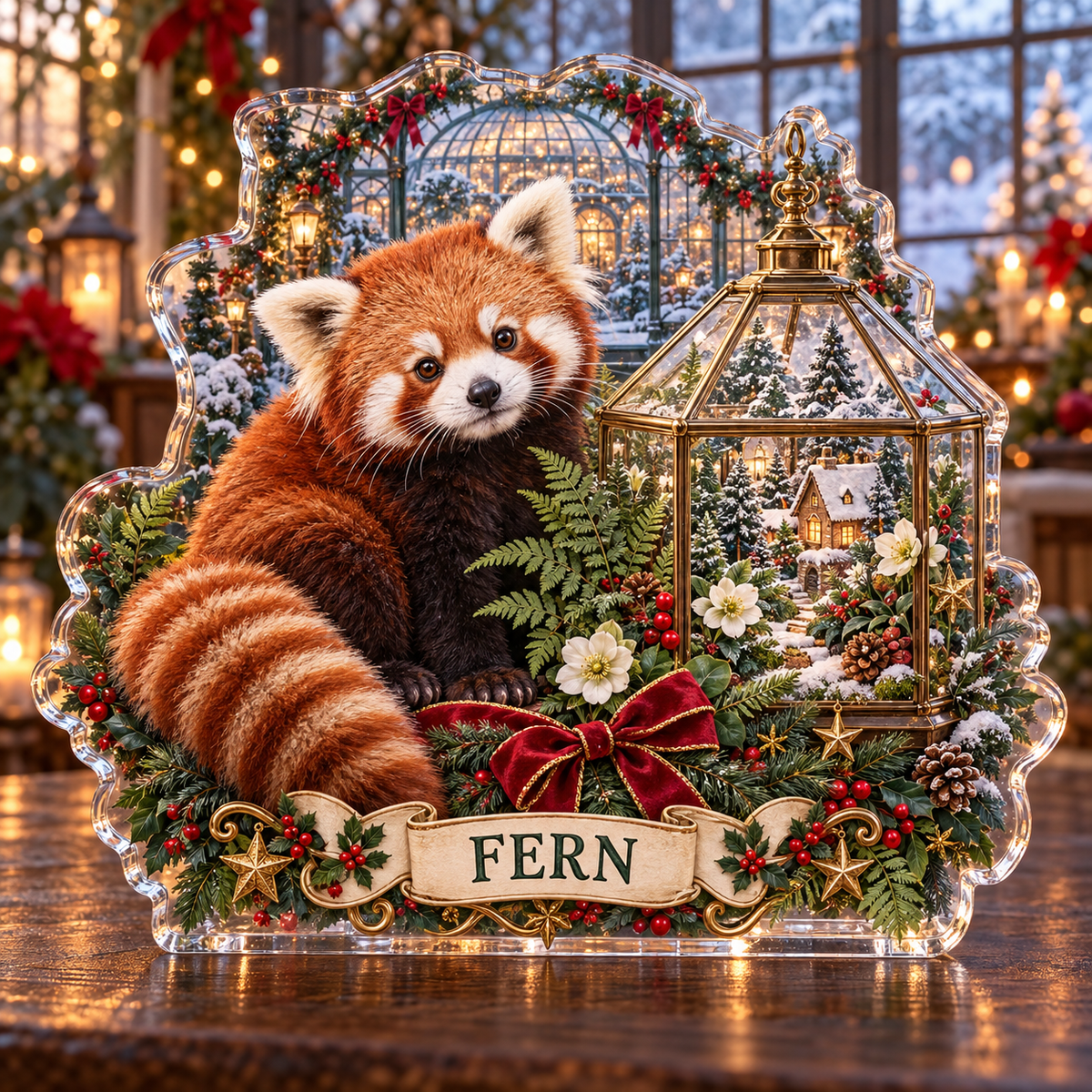 Front-view digital preview of a personalized Christmas red panda terrarium acrylic plaque with example name FERN