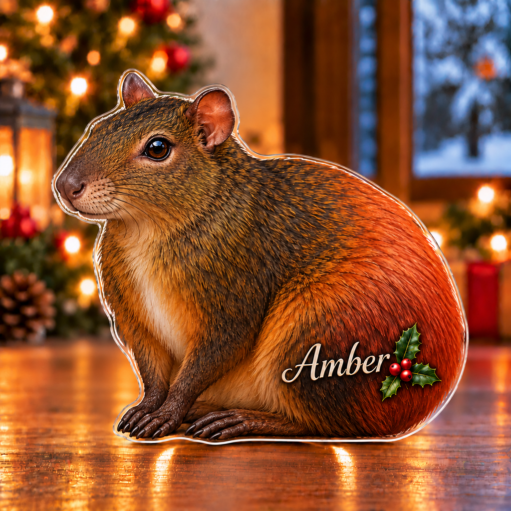 Front-view digital preview of a Christmas red rumped agouti gentle glow acrylic plaque with example name Amber integrated into the lower flank