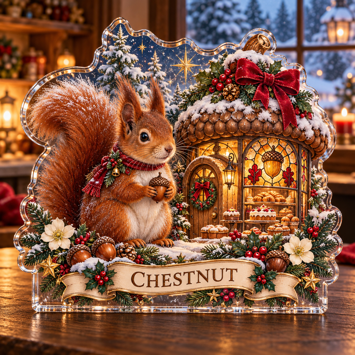 Front-view digital preview of a personalized Christmas red squirrel acorn bakery acrylic plaque with example name CHESTNUT