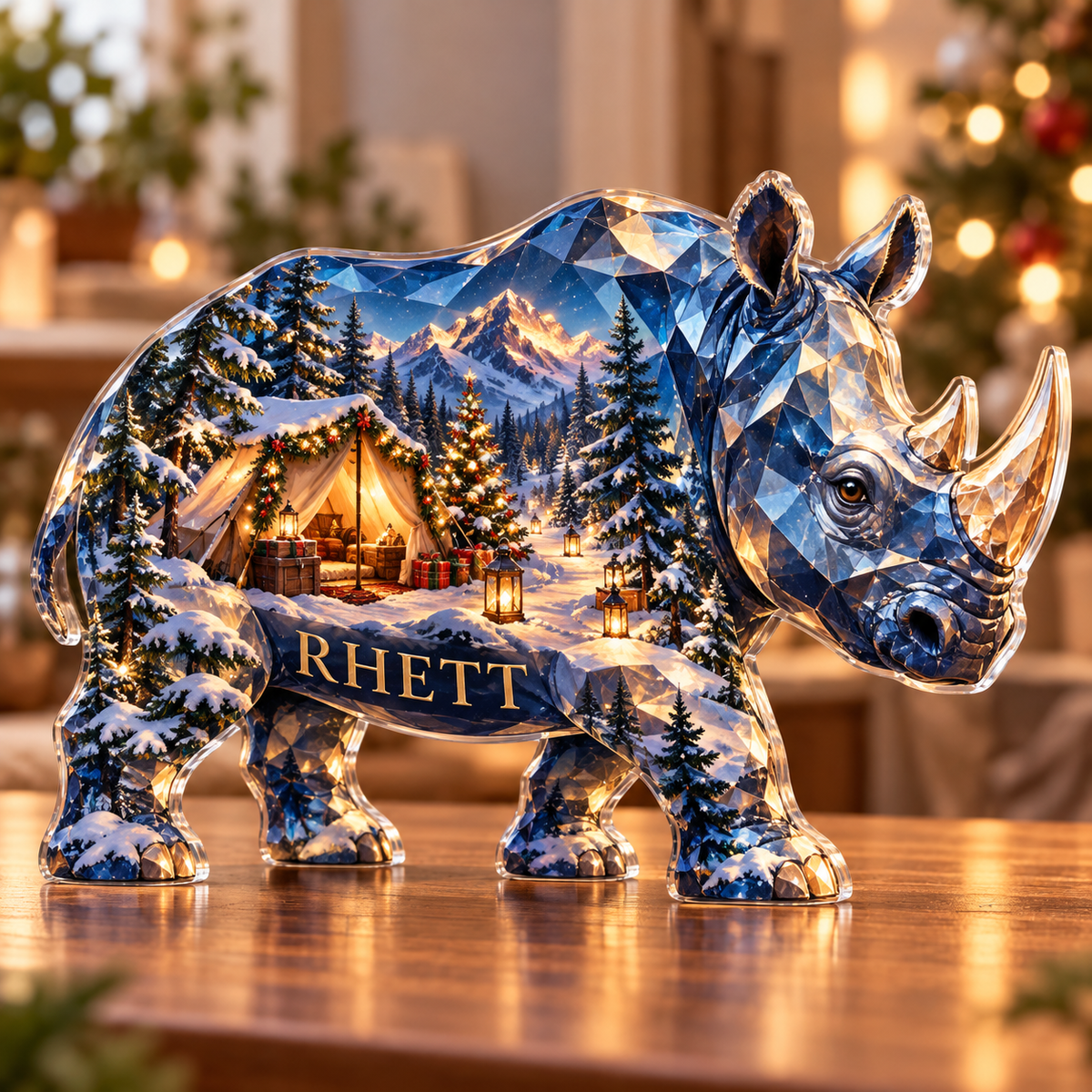 Front-view digital preview of a Christmas rhino sapphire snowcamp acrylic plaque with example name RHETT integrated into the lower flank facets