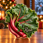 Front-view digital preview of a Christmas rhubarb garden pride acrylic plaque with example name Rosa integrated into the lower leaf face