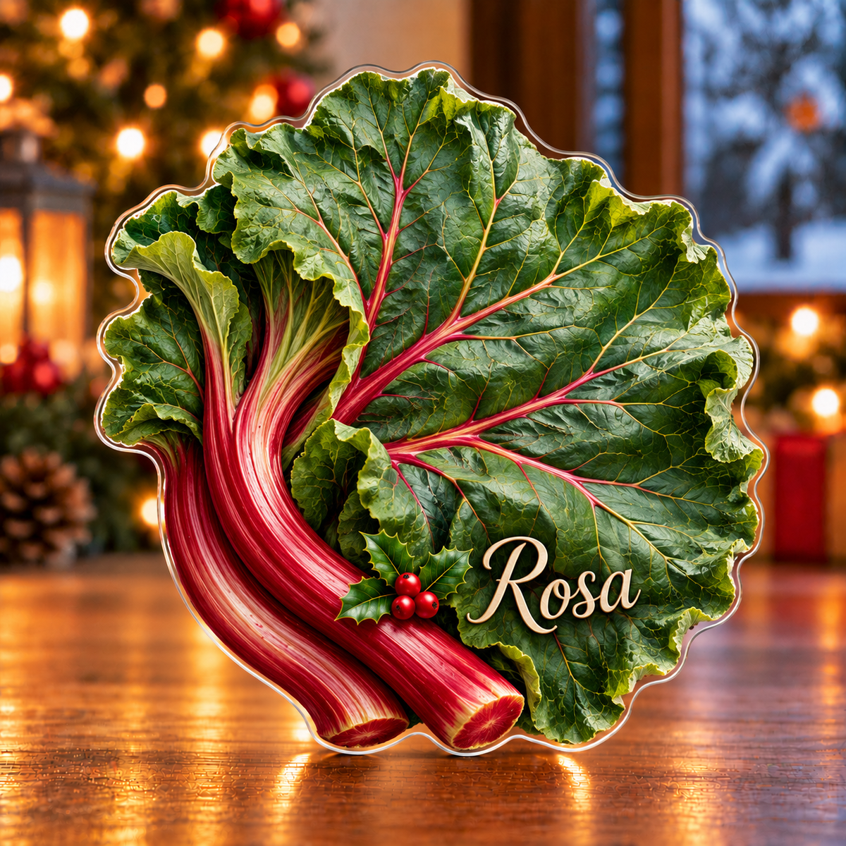 Front-view digital preview of a Christmas rhubarb garden pride acrylic plaque with example name Rosa integrated into the lower leaf face