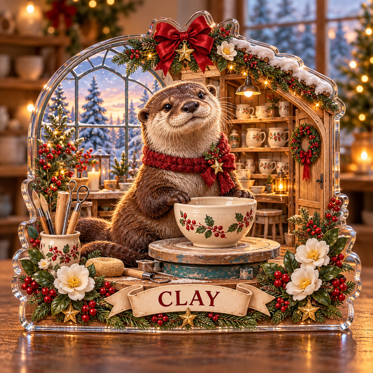 Front-view digital preview of a personalized Christmas river otter pottery studio acrylic plaque with example name CLAY