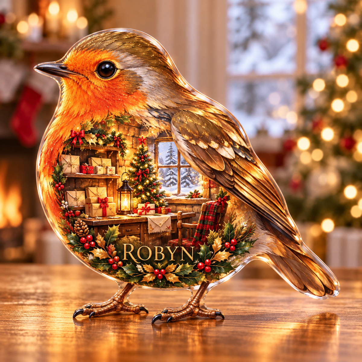 Front-view digital preview of a Christmas robin amber postcottage acrylic plaque with example name Robyn integrated into the lower intrinsic robin botanical detail