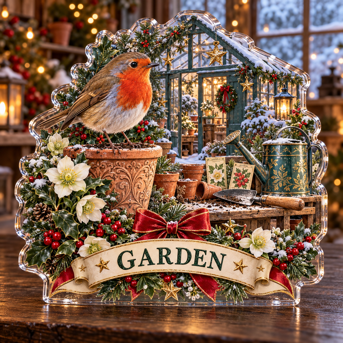 Front-view digital preview of a personalized Christmas robin potting shed acrylic plaque with example name GARDEN