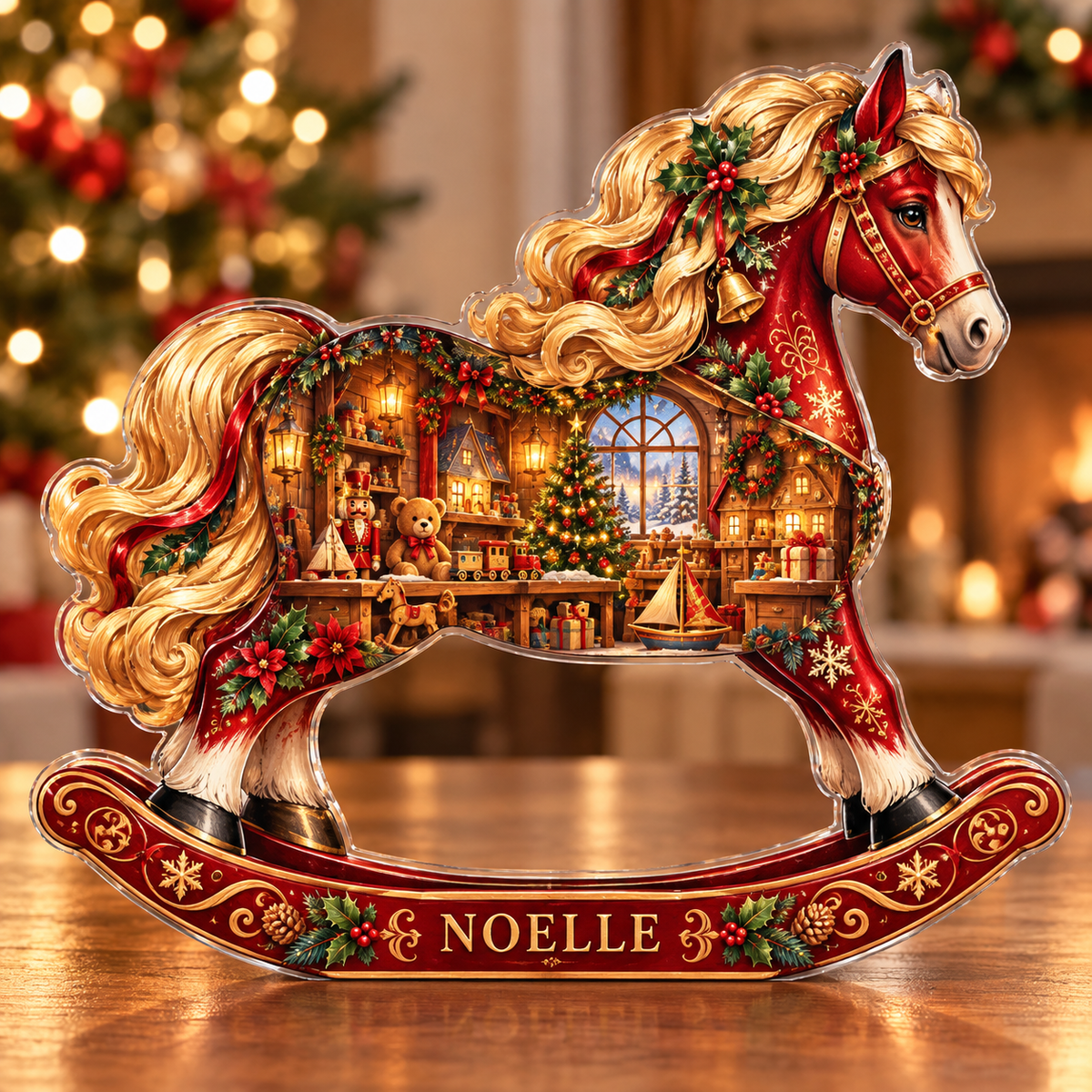 Front-view digital preview of a Christmas rocking horse ruby toyshop acrylic plaque with example name Noelle integrated into the lower intrinsic rocking horse runner detail