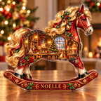 Front-view digital preview of a Christmas rocking horse ruby toyshop acrylic plaque with example name Noelle integrated into the lower intrinsic rocking horse runner detail