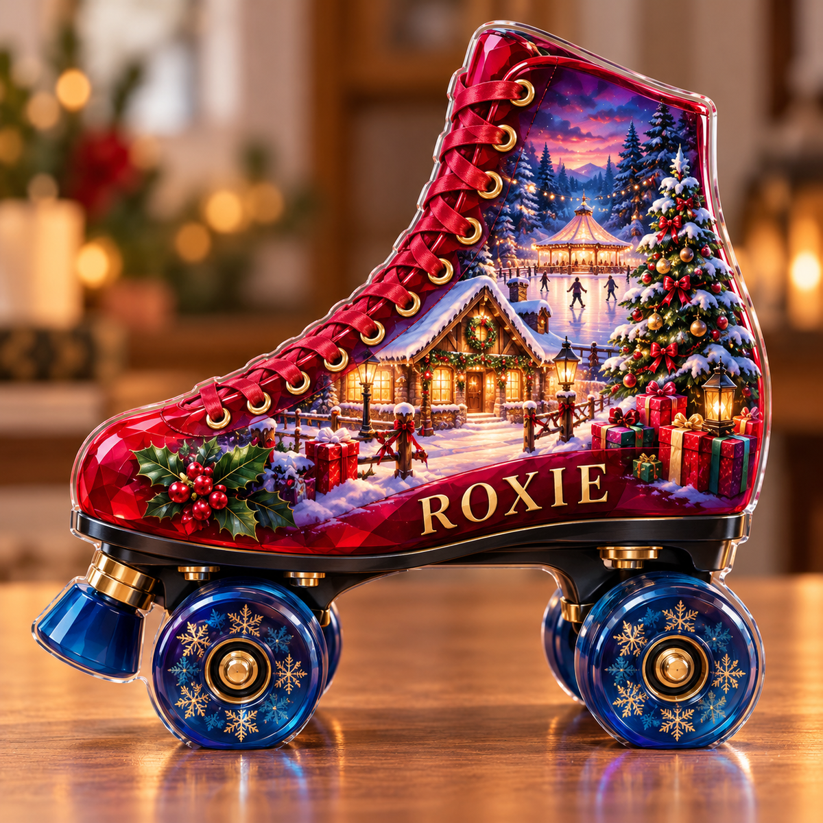 Front-view digital preview of a Christmas ruby roller skate acrylic plaque with example name ROXIE integrated into the lowest boot side facets
