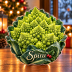 Front-view digital preview of a Christmas romanesco spiral wonder acrylic plaque with example name Spira integrated into the lower curled leaf