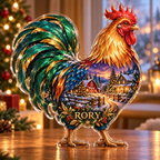 Front-view digital preview of a Christmas rooster ruby farmhouse acrylic plaque with example name Rory integrated into the lower intrinsic rooster botanical detail