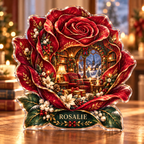 Front-view digital preview of a Christmas rose ruby library acrylic plaque with example name Rosalie integrated into the lower rose leaf detail