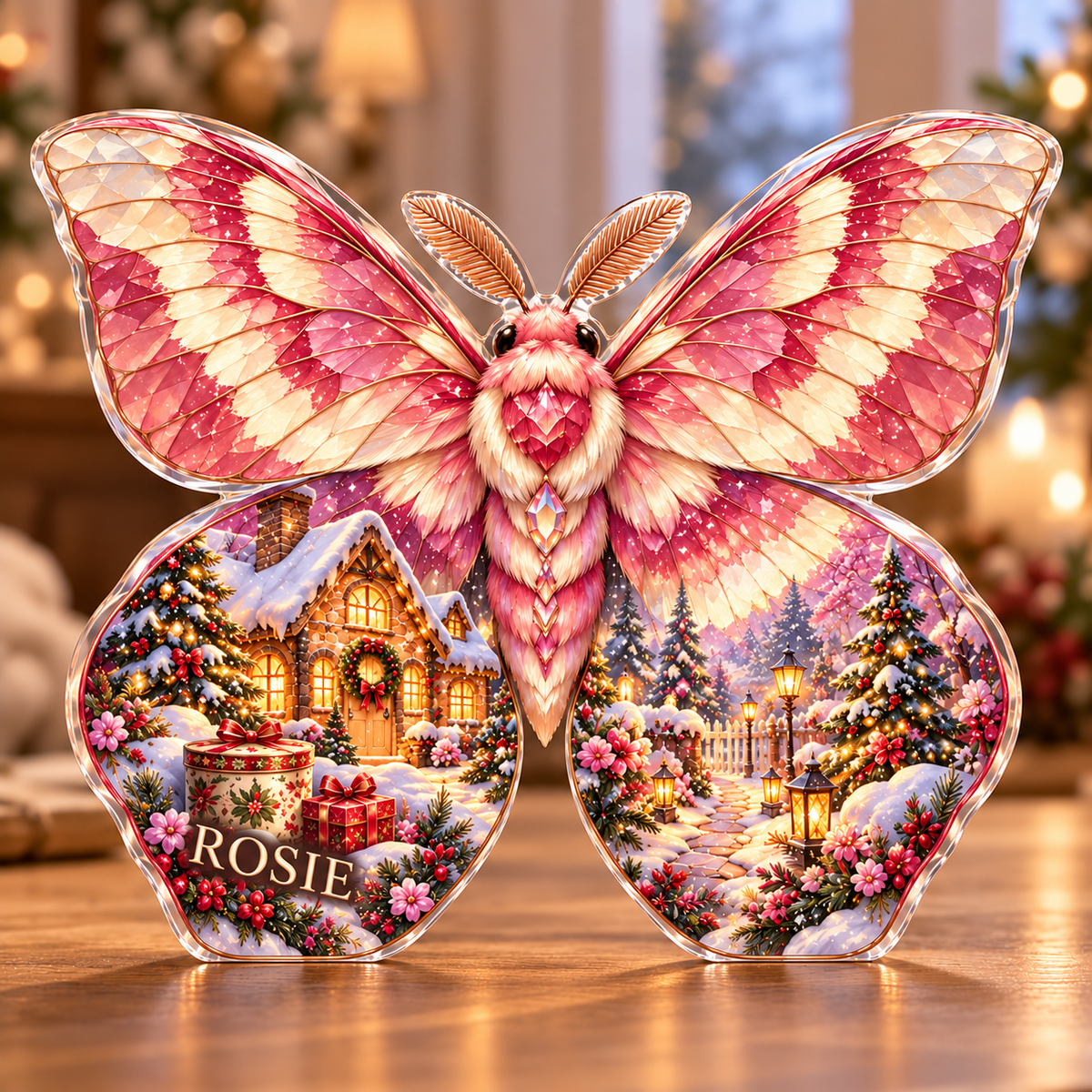 Front-view digital preview of a Christmas rosy maple moth sugarcottage acrylic plaque with example name ROSIE integrated into the lower left hindwing vein facets