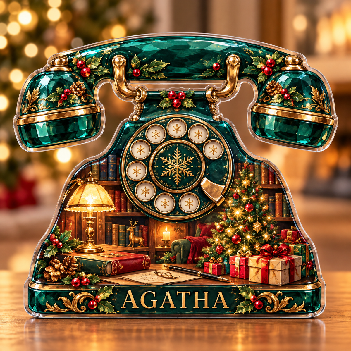 Front-view digital preview of a Christmas rotary telephone emerald study acrylic plaque with example name AGATHA integrated into the intrinsic lower telephone body trim