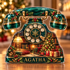 Front-view digital preview of a Christmas rotary telephone emerald study acrylic plaque with example name AGATHA integrated into the intrinsic lower telephone body trim